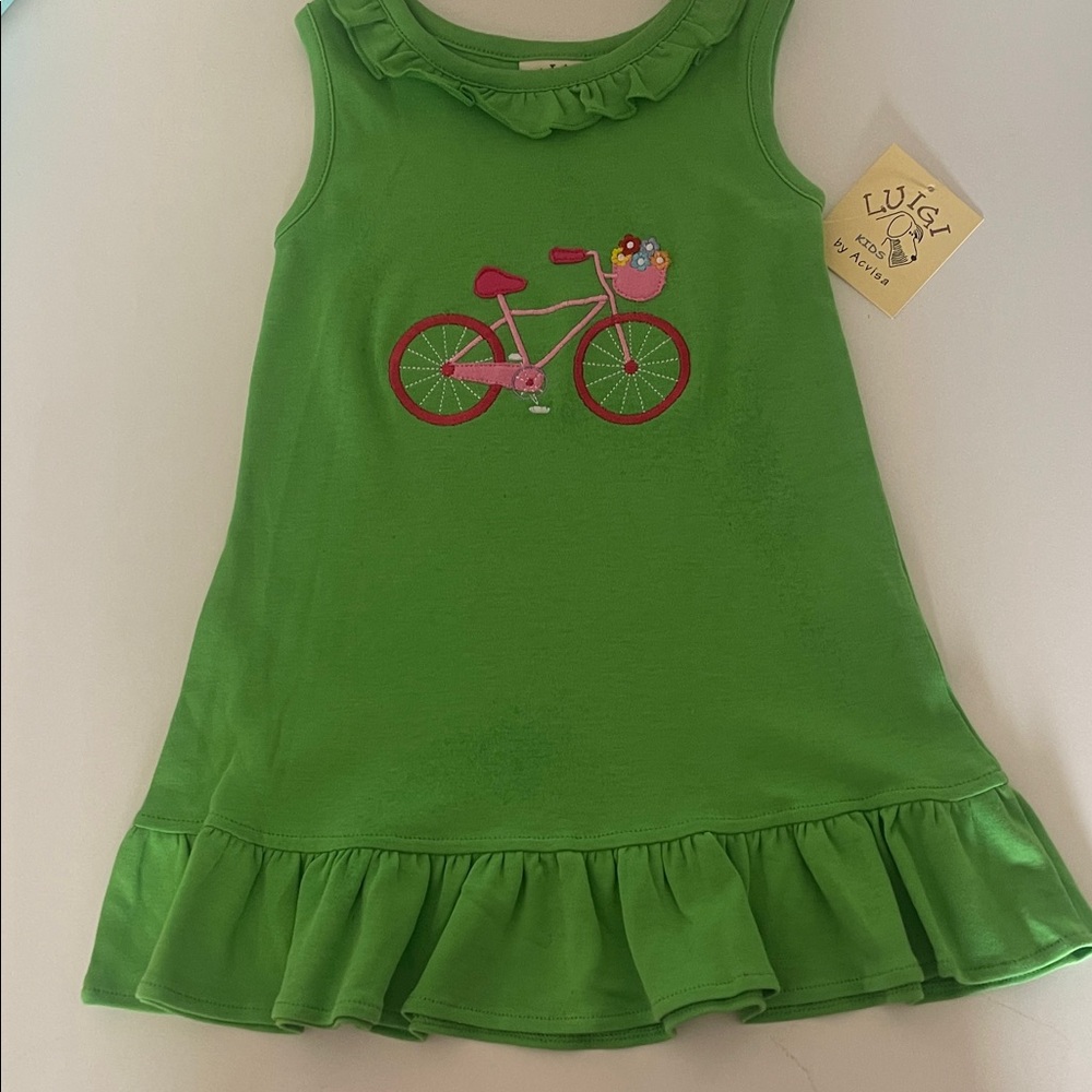 New-2T -Boutique Green Dress with pink Bicycle Design